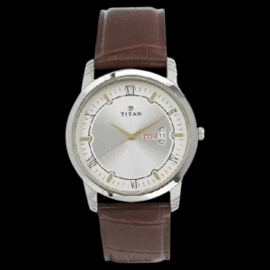 Titan Quartz Analog with Day and Date Silver Dial Leather Strap Watch for Men nt1774sl01