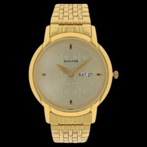 Sonata Quartz Analog with Day and Date Champagne Dial Stainless Steel Strap Watch for Men nt77031ym04