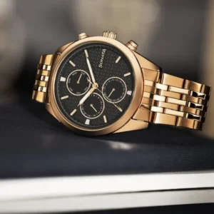 Sonata Magna Quartz Multifunction Black Dial Rose Gold Stainless Steel Strap Watch For Men 7155wm01