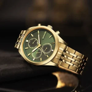 Sonata Magna Quartz Multifunction Green Dial Golden Stainless Steel Strap Watch For Men 7155ym01