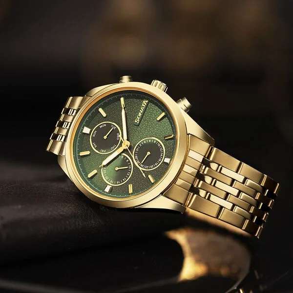 Sonata Magna Quartz Multifunction Green Dial Golden Stainless Steel Strap Watch For Men 7155ym01