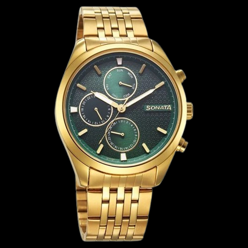 Sonata Magna Quartz Multifunction Green Dial Golden Stainless Steel Strap Watch For Men 7155ym01 - Image 2