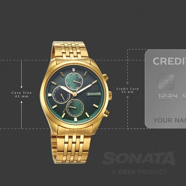 Sonata Magna Quartz Multifunction Green Dial Golden Stainless Steel Strap Watch For Men 7155ym01 - Image 3